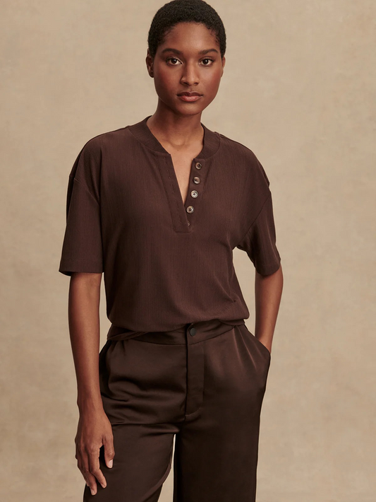 kasey mock placket rib tee coffee bean