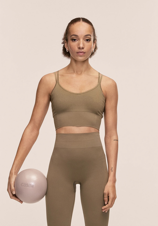 Shiny Seamless Rib Top Light Khaki